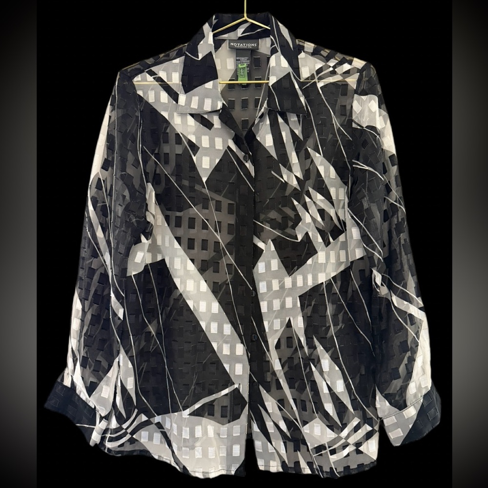 VTG NOTATIONS | Geometric Print Semi-Sheer Button Down Blouse